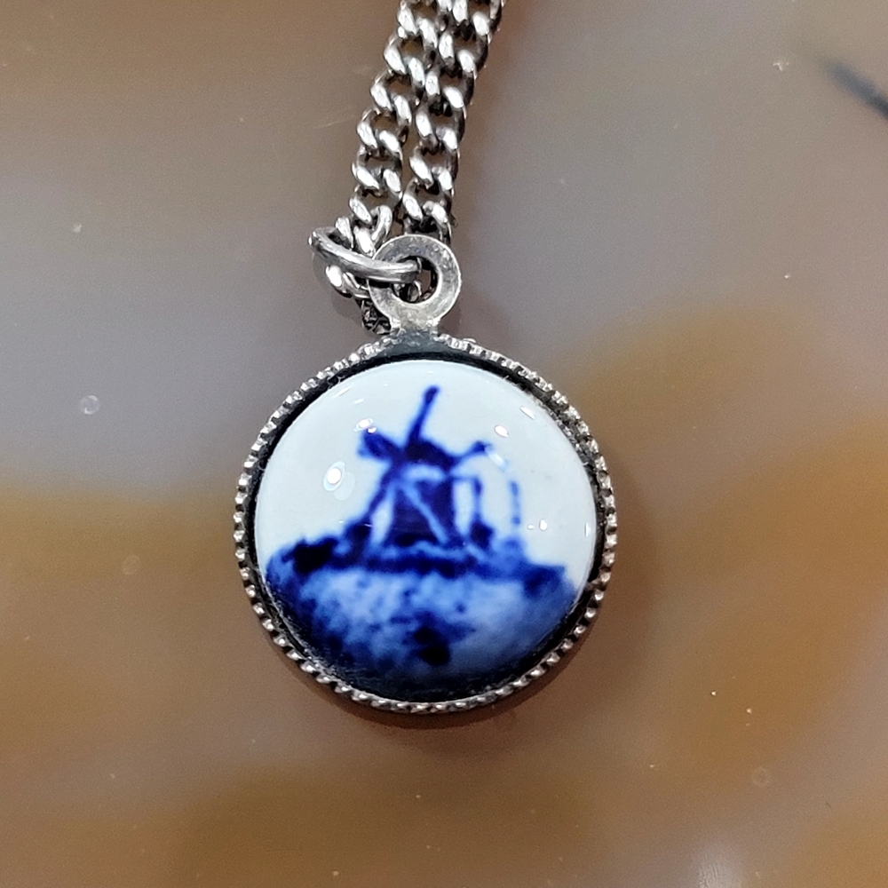 Silver Necklace with Blue and White Ceramic Pendant - Picture 2 of 7